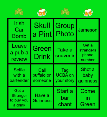 St Paddy's Pub Crawl Bingo Card