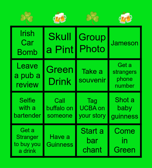 St Paddy's Pub Crawl Bingo Card