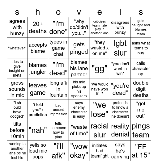 shovels bingo Card