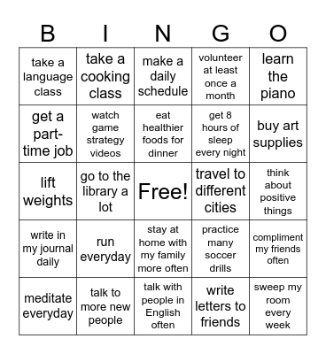 New Year's Resolution Bingo Card