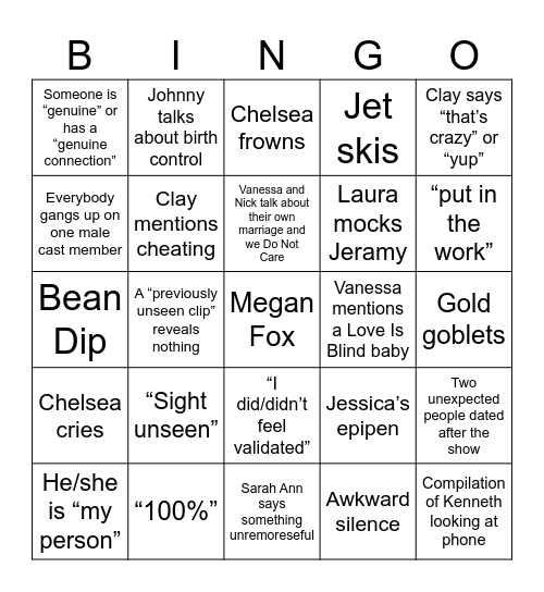 Love is Blind Season 6 Reunion Bingo Card