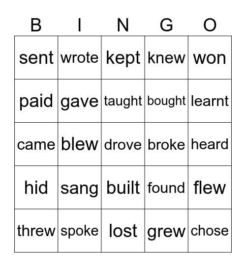 Past Tense Verbs Bingo Card