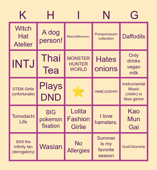 Khing Bingo! Bingo Card