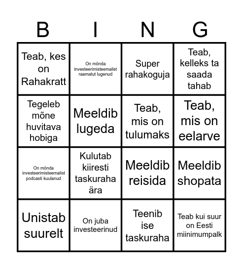 Tutvumisbingo Card