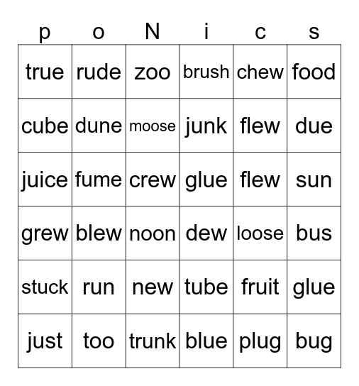 long/short u Bingo Card