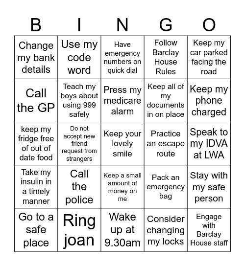 SAFETY Bingo Card