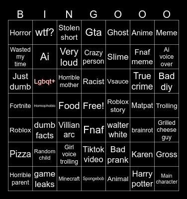 Yt Shorts Bingo Card