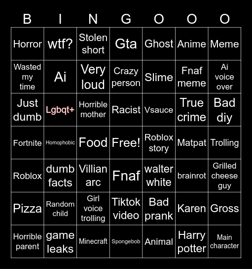 Yt Shorts Bingo Card