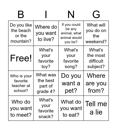 questions Bingo Card
