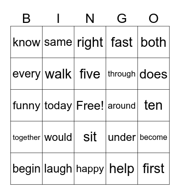 HFW List 3 Bingo Card