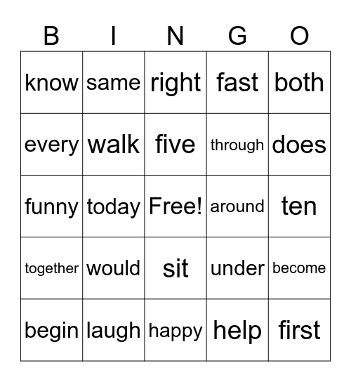 HFW List 3 Bingo Card