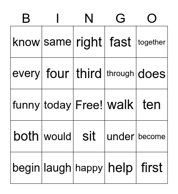 HFW List 3 Bingo Card