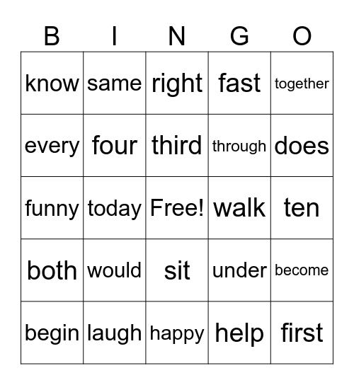 HFW List 3 Bingo Card