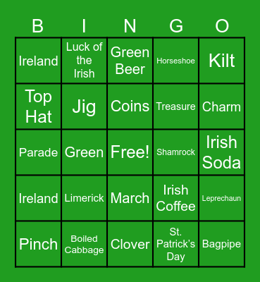 St Patrick's Day Bingo Card