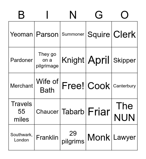 Canterbury Tales Bingo Card