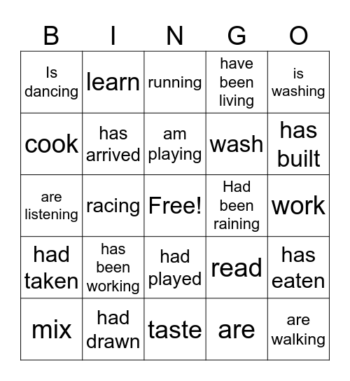 Present Tense Bingo Card