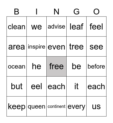 Spelling Bingo Card