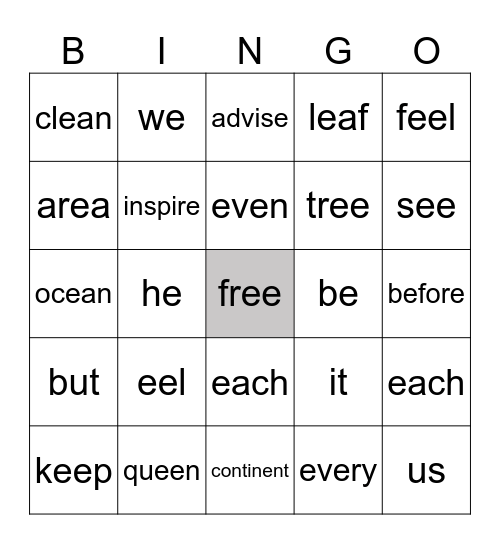 Spelling Bingo Card