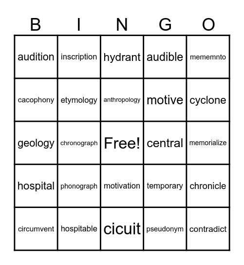 Vocabulary Bingo Card