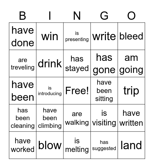 Present Tense Bingo Card