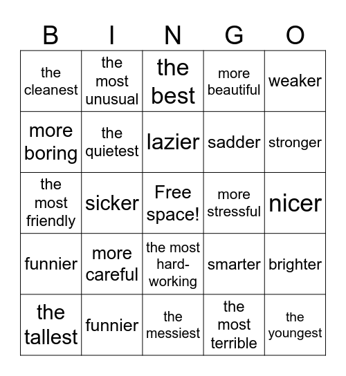 Comparative / Superlative Adjectives Bingo Card