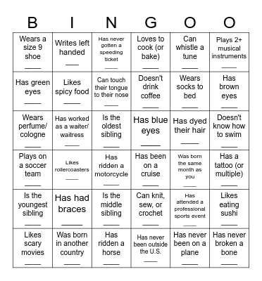 Get to know you BINGO Card