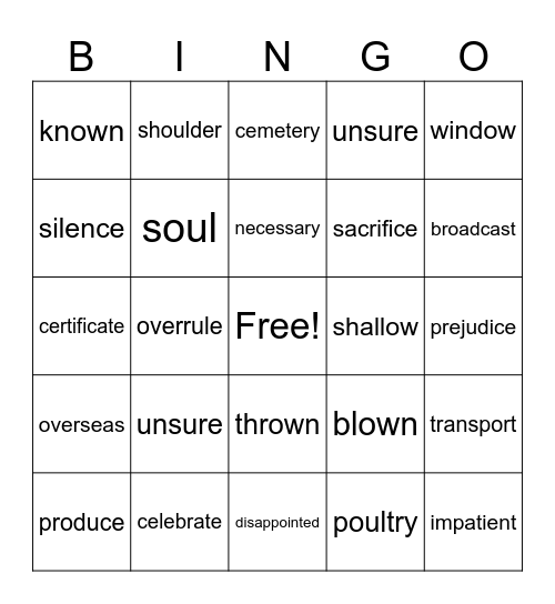 Easter Spelling Bingo Card