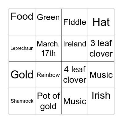 Saint Patrick's Bingo Card