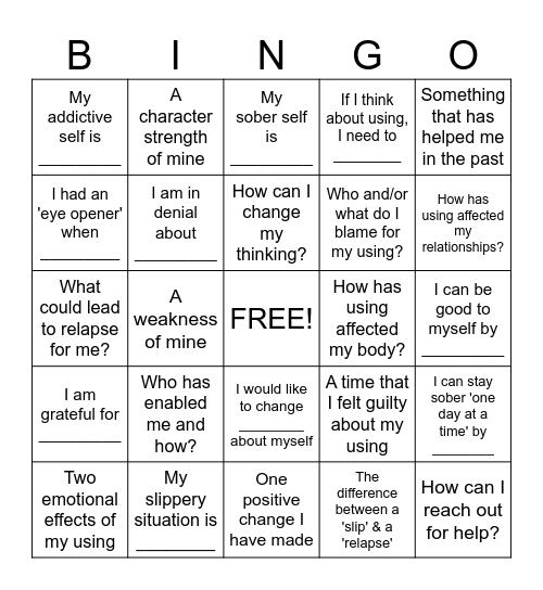 Substance Abuse Recovery BINGO Card