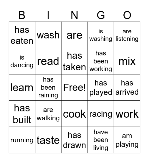 Present Tense Bingo Card