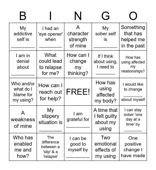 Substance Abuse Recovery BINGO Card
