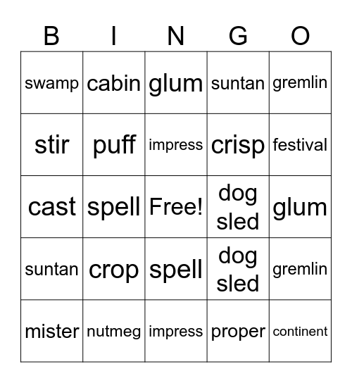 Vocabulary Bingo Card