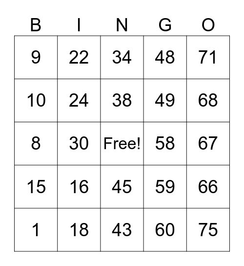 Number Bingo 1-75 Bingo Card