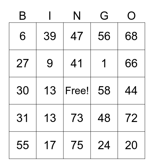 Number Bingo 1-75 Bingo Card