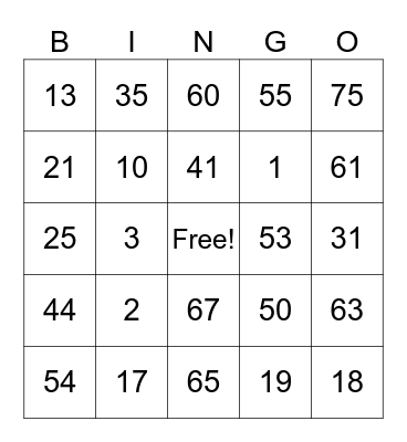Number Bingo 1-75 Bingo Card