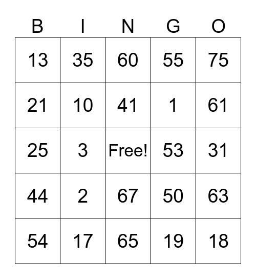 Number Bingo 1-75 Bingo Card