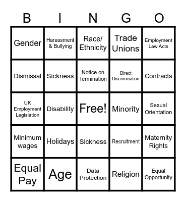 Employment Legislation Bingo Card