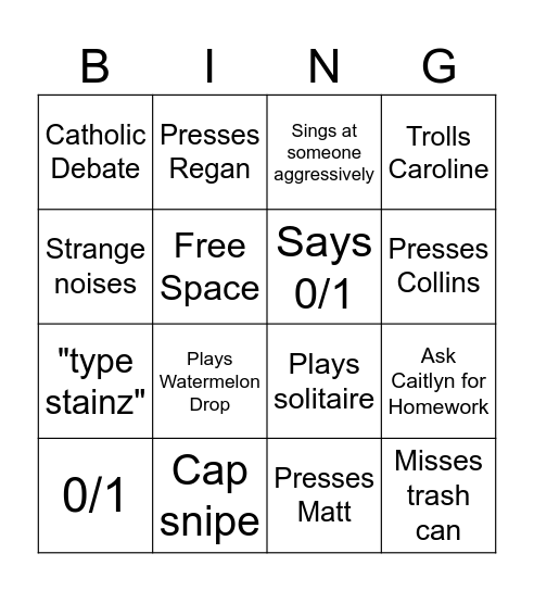Caleb Bing Bingo Card