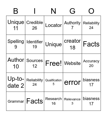 Web Resources Bingo Card