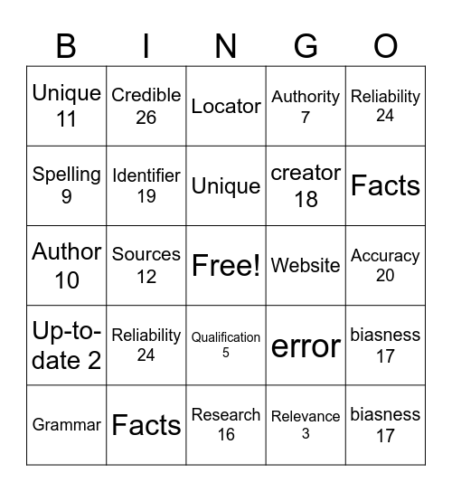 Web Resources Bingo Card