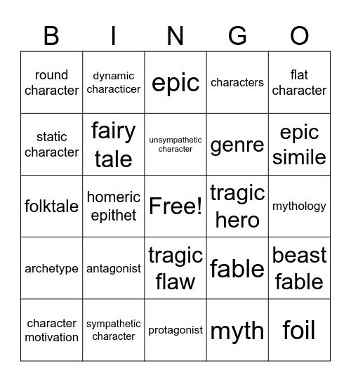 Literary Terms Unit V Bingo Card