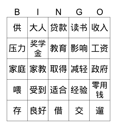 打工 Bingo Card