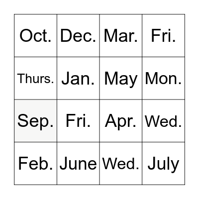 Months and days Bingo Card