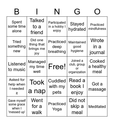 Self-Care Bingo Card