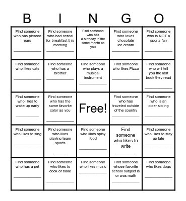 Find a Friend Bingo Card
