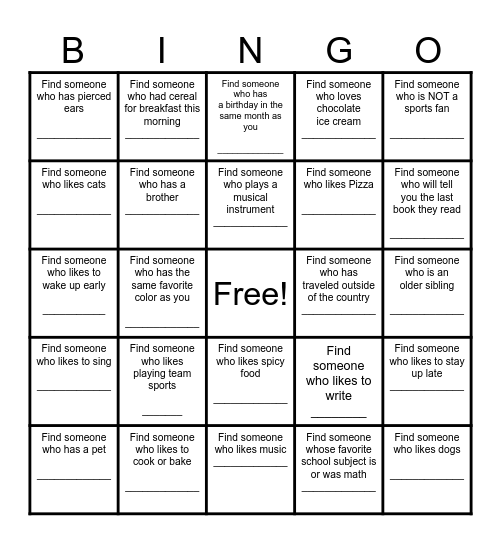 Find a Friend Bingo Card