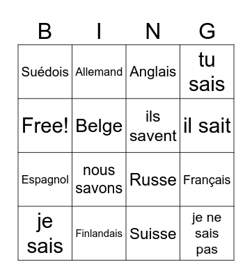 Nationalités + savoir Bingo Card