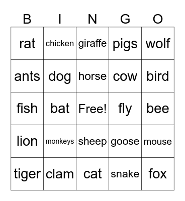 Animal Idiom Bingo Card