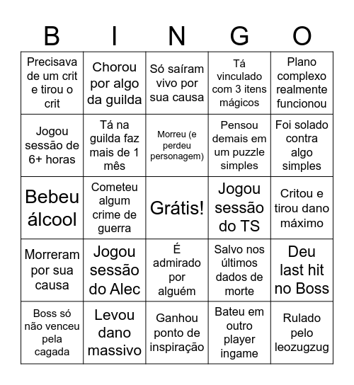 Bingo da Guilda - Versão Difícil Bingo Card