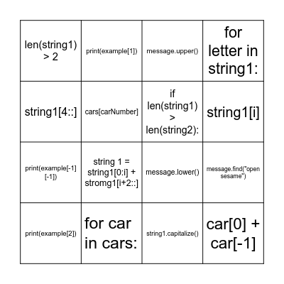 Strings and Tuples BINGO Card